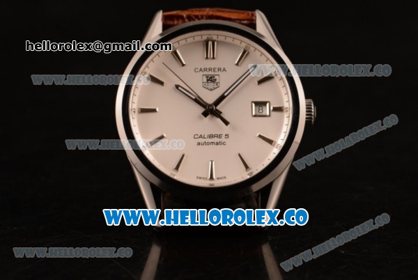Tag Heuer Carrera Calibre 5 wiss ETA 2824 Automatic Steel Case with White Dial Stick Markers and Brown Leather Strap - Click Image to Close